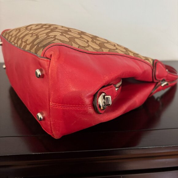 Coach Red Leather Brown Signature Jacquard Edie Shoulder Bag 31 - Picture 9 of 13